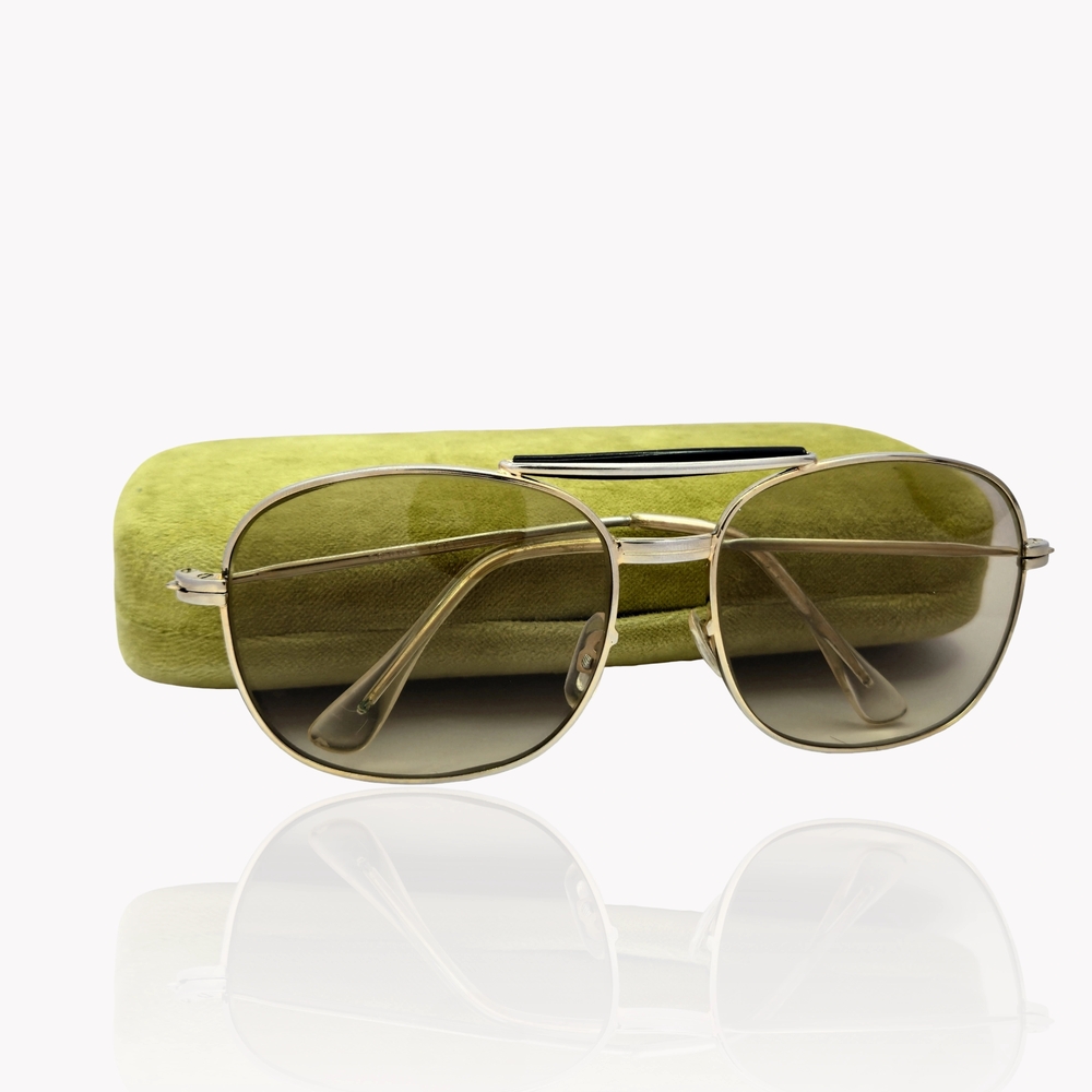 Italian 1980s Gold Aviator Sunglasses with Green Case